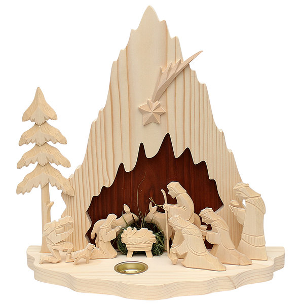 Holz Krippe "Heilige Familie" - groß -  mit Teelichthalter (Flachschnitzerei), natur/braun
