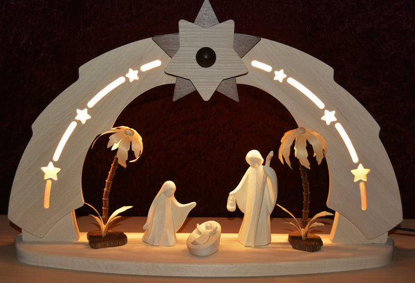 Moderner Schwibbogen mit Motiv "Heilige Familie" * Erzgebirge* geschnitzt* LED