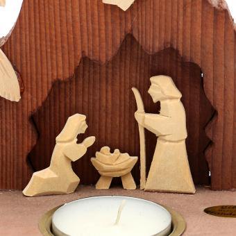 Holz Krippe "Heilige Familie" - klein -   mit Teelichthalter (Flachschnitzerei), natur/braun