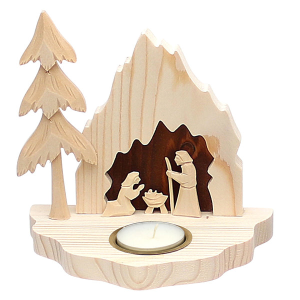 Holz Krippe "Heilige Familie"  - Klein -  mit Teelichthalter (Flachschnitzerei), natur/braun
