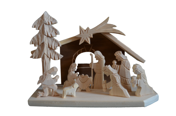 Holz Krippe "Heilige Familie" mit 2 Teelichthaltern (Flachschnitzerei), natur/braun